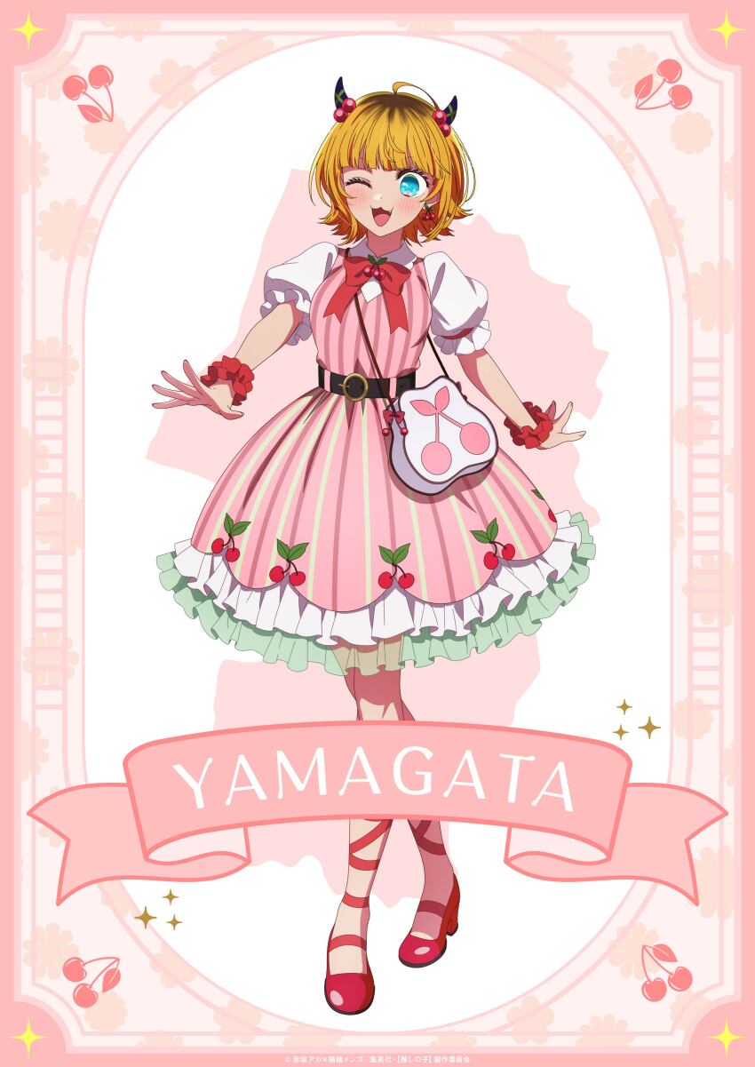 1girl absurdres aqua_eyes bag blonde_hair blush bow bowtie breasts cherry_earrings cherry_hair_ornament demon_horns dress earrings fake_horns food-themed_earrings food-themed_hair_ornament food_themed_earrings frilled_wristband hair_ornament high_heels highres hirayama_kanna horns jewelry medium_hair memcho multicolored_hair official_art one_eye_closed open_mouth oshi_no_ko pink_bow pink_bowtie pink_dress red_shoes roots_(hair) shoes short_hair shoulder_bag simple_background smile solo white_bag