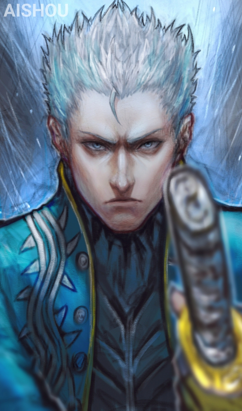 1boy absurdres ai_shou artist_name blue_eyes commentary devil_may_cry_(series) english_commentary highres holding holding_weapon male_focus short_hair solo vergil_(devil_may_cry) weapon white_hair yamato_(sword)