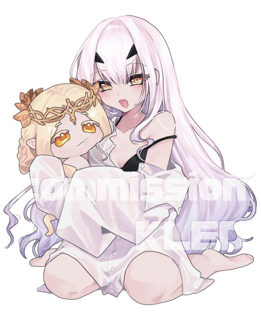 1girl aurora_(fate) barefoot black_bra blush bra breasts character_doll commission doll fate/grand_order fate_(series) full_body highres holding holding_doll long_hair looking_at_viewer matsuno0218 melusine_(fate) open_mouth oversized_clothes oversized_shirt partially_undressed see-through_clothes see-through_shirt shirt sidelocks sitting small_breasts smile solo underwear wariza watermark white_background white_shirt yellow_eyes