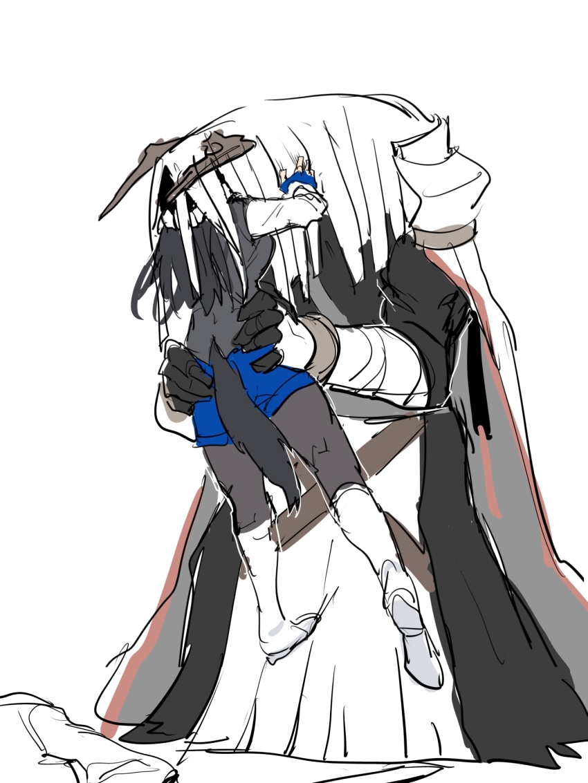1boy 1girl arknights black_hair black_skin black_vest blue_gloves blue_shorts boots cape colored_skin eating fingerless_gloves full_body gloves head_in_mouth highres horns knee_boots lifting_person long_hair long_sleeves monster monster_boy mutomorokoshi pantyhose pantyhose_under_shorts sarkaz_wither_devourer shorts simple_background struggling tail texas_(arknights) texas_the_omertosa_(arknights) vest vore white_background white_boots white_cape wolf_girl wolf_tail