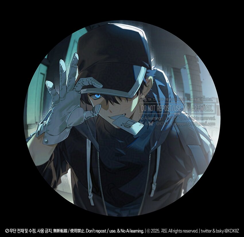 1boy black_hair black_hat black_jacket blue_eyes card commentary_request drawstring fisheye gloves grin hat hat_over_one_eye highres hood hooded_jacket jacket kidkuroba4869 kuroba_kaito looking_at_viewer magic_kaito male_focus mouth_hold smile solo teeth_hold upper_body watermark white_gloves