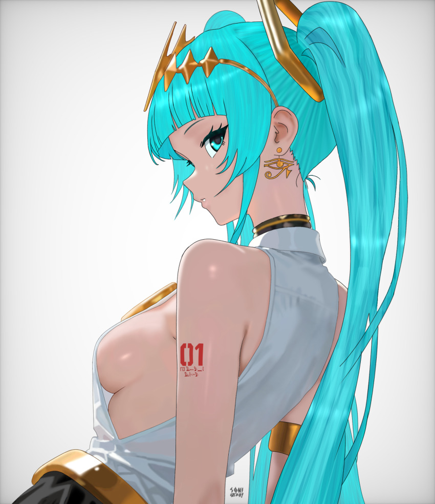 1girl ancient_egyptian_clothes aqua_eyes aqua_hair arm_tattoo armlet arms_at_sides artist_name bare_shoulders bilingual_commentary blunt_bangs breasts earrings eye_of_horus from_side gold gold_tiara hair_ornament hatsune_miku hieroglyphics highres jewelry looking_at_viewer looking_to_the_side medium_breasts mixed-language_commentary nose number_tattoo shirt sideboob sidelocks single_bare_arm sleeveless sleeveless_shirt solo sonizx01 tattoo twintails upper_body vocaloid white_shirt