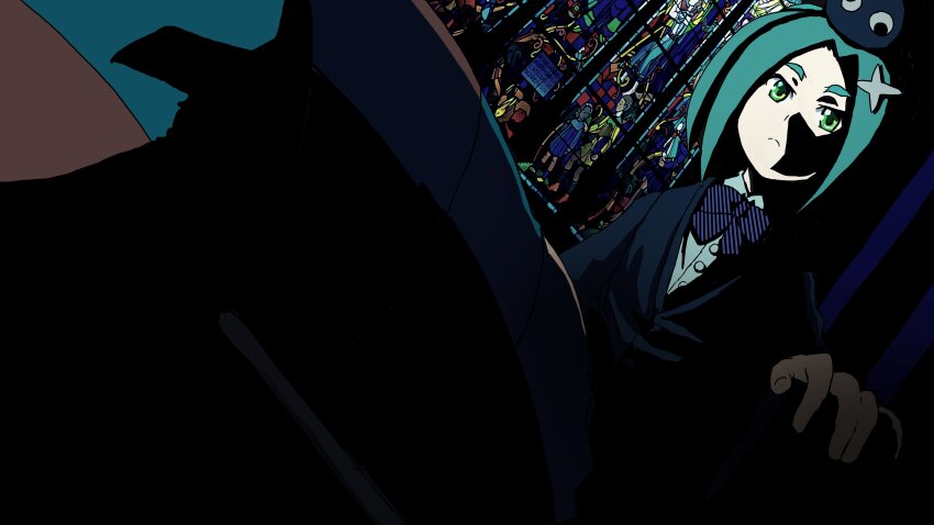 1girl :| absurdres aqua_eyes aqua_hair black_jacket blazer bow bowtie closed_mouth from_below from_side highres indoors jacket medium_hair monogatari_(series) ononoki_yotsugi partially_shaded_face sitting solal_girardin solo stained_glass window