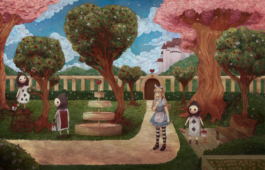 1girl :o alice_(alice_in_wonderland) alice_in_wonderland apron bare_arms bench black_pantyhose black_shoes blonde_hair blue_bow blue_dress blue_eyes blue_hairband blue_sky bow bow_hairband bucket bush card_soldier castle clenched_hand cloud collared_shirt commentary day dress ekkoberry english_commentary expressionless eyelashes flower fountain full_body garden grass grey_shirt hairband hand_on_own_chest heart highres hill holding holding_bucket holding_paintbrush long_hair looking_ahead mary_janes on_stool outdoors paint_can paintbrush painting_(action) pantyhose parted_lips path pinafore_dress puffy_short_sleeves puffy_sleeves red_flower red_rose road rose scenery shirt shoes short_dress short_sleeves sky sleeveless sleeveless_dress standing striped_clothes striped_pantyhose tree two-tone_pantyhose waist_apron white_apron white_pantyhose wide_shot