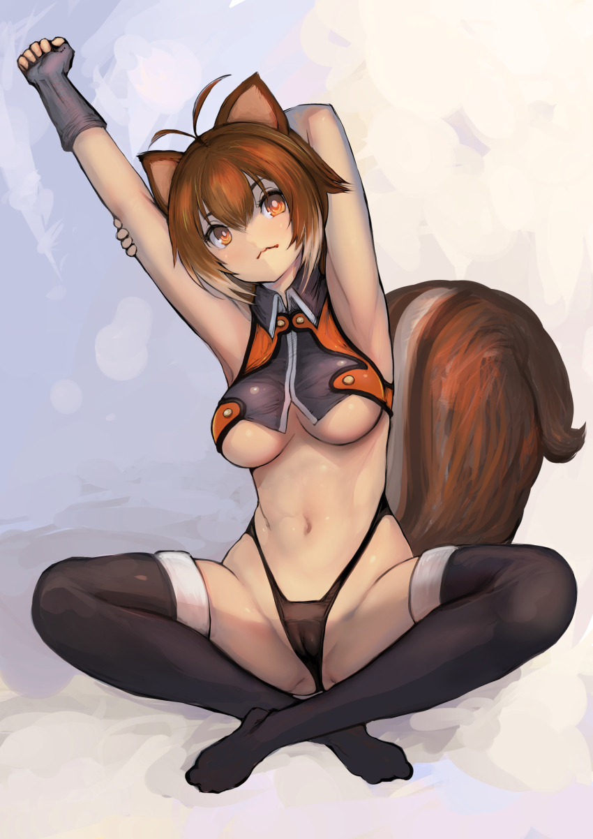 1girl animal_ears bare_shoulders blazblue breasts brown_hair fingerless_gloves gloves johan_(johan13) makoto_nanaya no_skirt short_hair sitting sleeveless squirrel_ears squirrel_tail stretching tail thighhighs thong underboob