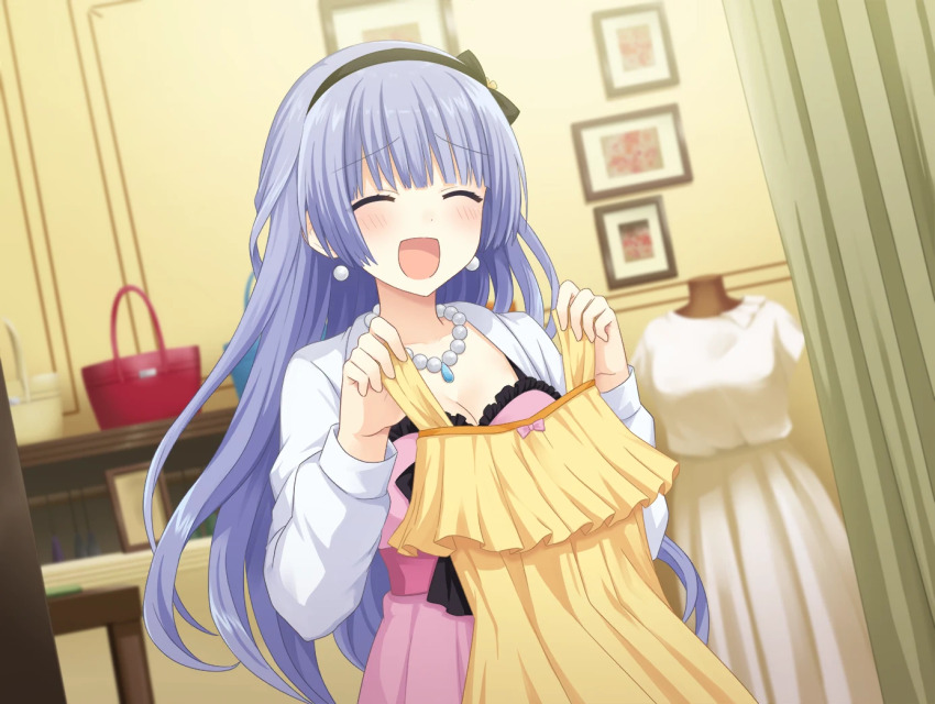1girl bag bead_necklace beads blue_hair blush breasts cleavage date_a_live dress dutch_angle earrings game_cg gekijouban_date_a_live:_mayuri_judgement indoors izayoi_miku jewelry long_hair medium_breasts necklace official_art open_mouth shoulder_bag smile solo third-party_source