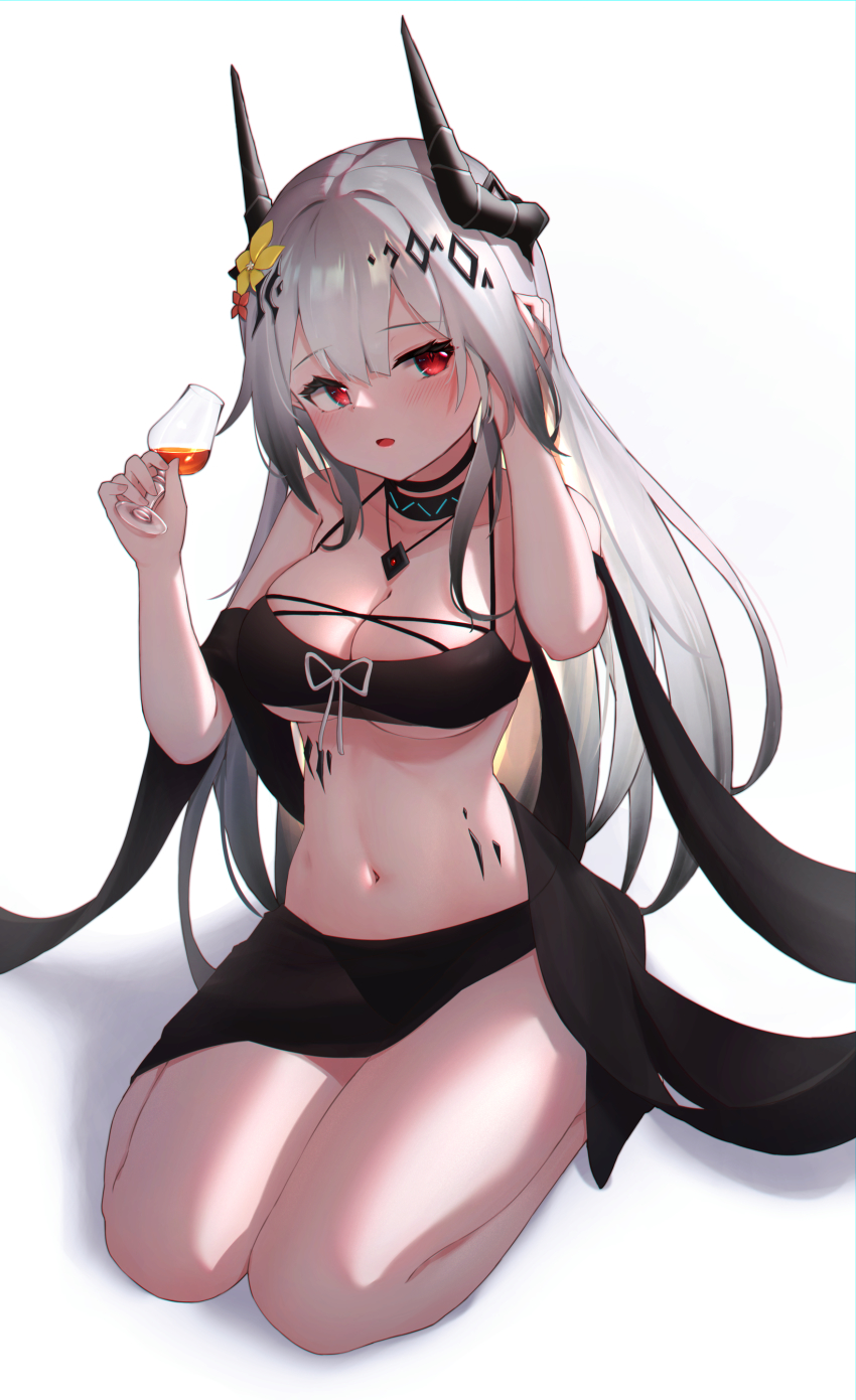 1girl absurdres arknights arm_up bare_shoulders black_hair blush breasts cleavage collar collarbone cup drink drinking_glass flower full_body gradient_hair hair_flower hair_ornament hand_in_own_hair highres holding horns infection_monitor_(arknights) jewelry large_breasts long_hair material_growth mudrock_(arknights) mudrock_(silent_night)_(arknights) multicolored_hair navel necklace open_mouth oripathy_lesion_(arknights) red_eyes revision ru_yan sarong seiza silver_hair simple_background sitting solo stomach very_long_hair white_background yellow_flower