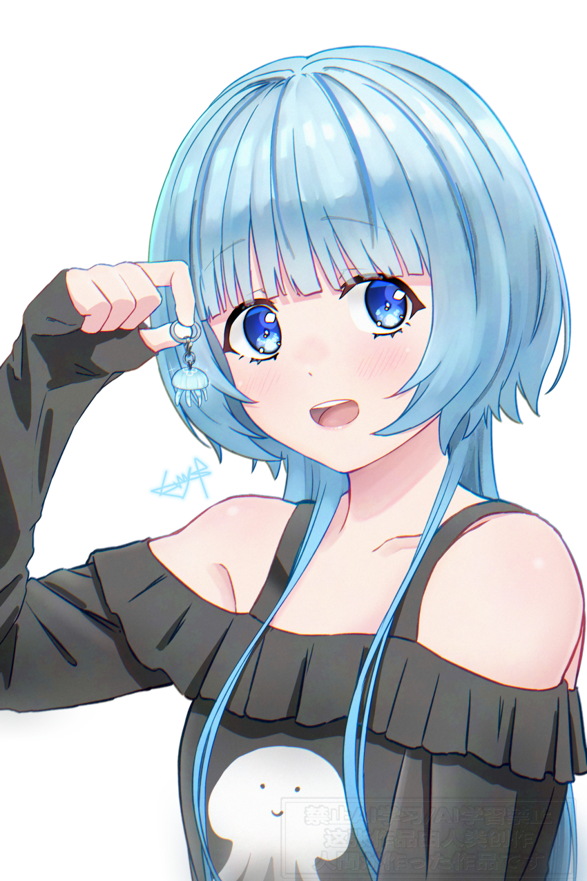 1girl absurdres black_shirt blue_eyes blue_hair blush collarbone commentary_request frilled_shirt frills highres looking_at_viewer minazuki-chan_(mutsuki) mutsuki_(mutsuki0110) off-shoulder_shirt off_shoulder open_mouth original shirt simple_background sleeves_past_wrists solo teeth upper_teeth_only white_background