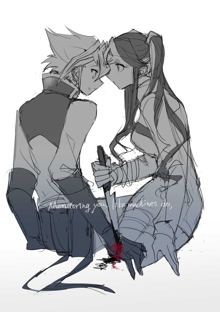 1boy 1girl absurdres akaba_rei black_gloves blood blood_drip blood_on_clothes blood_on_gloves blood_on_ground bloody_knife bloody_weapon coat colored_bangs dress elbow_gloves english_text facing_another facing_away facing_to_the_side forehead-to-forehead gloves grey_eyes hair_slicked_back hand_on_ground hand_on_lap hand_on_own_thigh heads_together highres holding holding_knife impaled injury kneeling knife long_bangs looking_at_another monochrome on_ground pants partially_colored popped_collar sketch spiked_hair stab suspenders_hanging sweatdrop tearing_up teketeke_(tasutekete) twintails unfinished weapon white_background white_coat white_dress white_hair white_pants yu-gi-oh! yu-gi-oh!_arc-v zarc