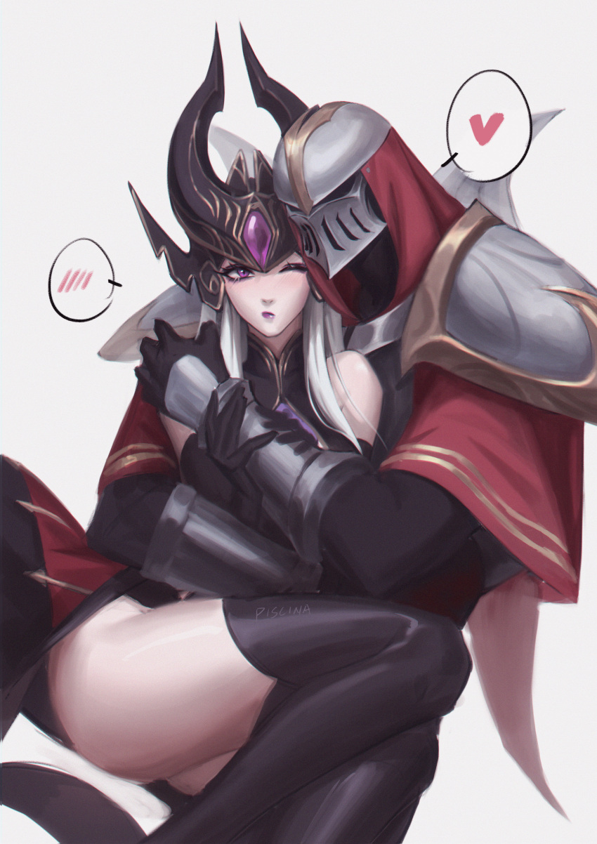 1girl absurdres armor ass bare_shoulders black_armor black_bodysuit black_gloves black_thighhighs bodysuit closed_mouth gem gloves heart helm helmet highres hug league_of_legends one_eye_closed pink_eyes pink_lips piscina shoulder_plates simple_background speech_bubble spiked_helmet spoken_blush spoken_heart syndra thighhighs white_background zed_(league_of_legends)