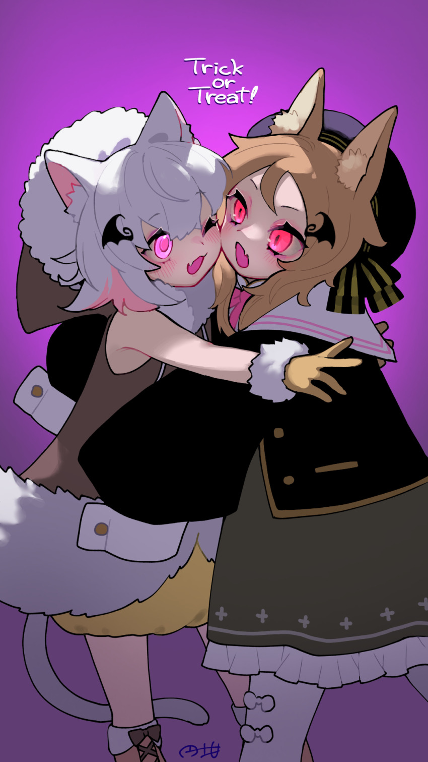 2girls :3 :o animal_ear_fluff animal_ears beret black_headwear black_jacket bloomers blush bow bowtie brown_hair brown_jacket cat_ears cat_girl cheek-to-cheek colored_inner_hair cosplay costume_switch dress english_text fang feet_out_of_frame fur-trimmed_gloves fur-trimmed_jacket fur_trim gloves grey_dress hair_ornament halloween hat hat_ribbon heads_together highres hood hood_down hooded_jacket hug jacket long_sleeves looking_at_another marutsubo medium_hair multicolored_hair multiple_girls one_eye_closed open_mouth ouka_miko ouka_miko_(cosplay) outstretched_arms pantyhose pink_bow pink_bowtie pink_eyes pink_hair purple_background red_eyes ribbon sailor_collar sayo_(voicevox) sayo_(voicevox)_(cosplay) signature skin_fang sleeveless sleeveless_jacket sleeves_past_fingers sleeves_past_wrists slit_pupils smile trick_or_treat underwear utau voicevox white_hair white_pantyhose white_sailor_collar wing_hair_ornament wolf_ears wolf_girl yellow_bloomers yellow_gloves