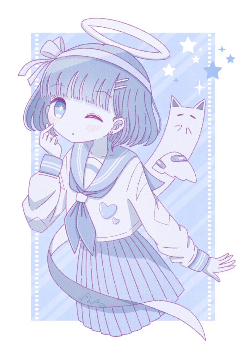 1girl :o angel angel_wings bandaid_on_wing blue_eyes blue_hair blue_neckerchief blue_sailor_collar blue_skirt blue_theme bob_cut border cardigan collarbone commentary_request detached_wings finger_to_cheek halo heart heart_pin highres light_blue_hair light_blush long_sleeves neckerchief no_nose omochi_noa one_eye_closed original parted_lips pleated_skirt sailor_collar school_uniform serafuku short_hair skirt solid_oval_eyes solo star-shaped_pupils star_(symbol) symbol-shaped_pupils traditional_halo upper_body white_border wings