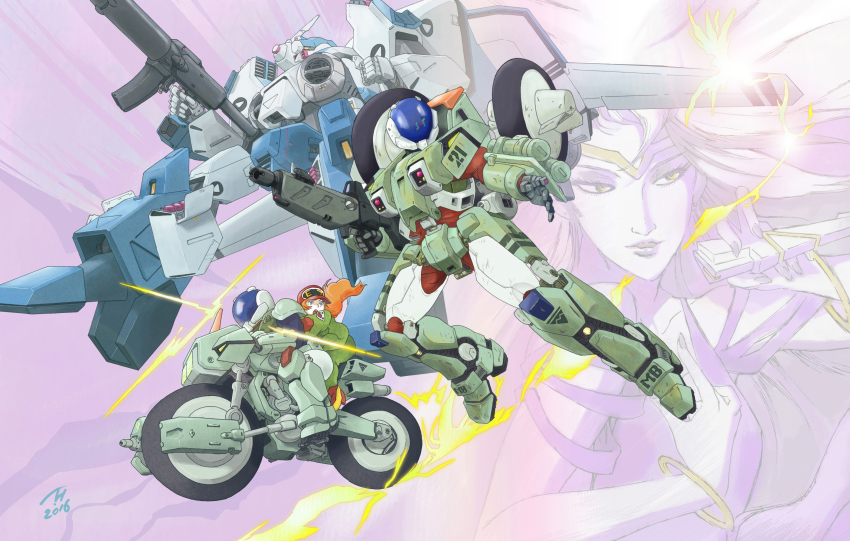 1girl 2016 3boys androgynous armor beam_rifle dated energy_gun energy_weapon gloves gunpod hat heads-up_display helmet highres kikou_souseiki_mospeada kujira_gunsou legioss mecha mint_labule missile mospeada mospeada_(mecha) motor_vehicle motorcycle multiple_boys power_armor ray_(mospeada) redesign robot rocket_launcher science_fiction signature stick_bernard trap tread user_interface weapon yellow_belmont
