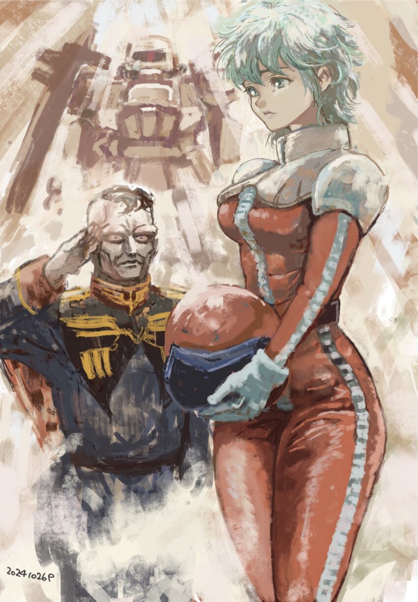 1boy 1girl aina_saharin blonde_hair blue_eyes gundam gundam_08th_ms_team helmet highres mecha mecha_pilot_suit medium_hair military_uniform normal_suit_(gundam) norris_packard okrdisk2000 robot salute unworn_headwear unworn_helmet zaku_ii