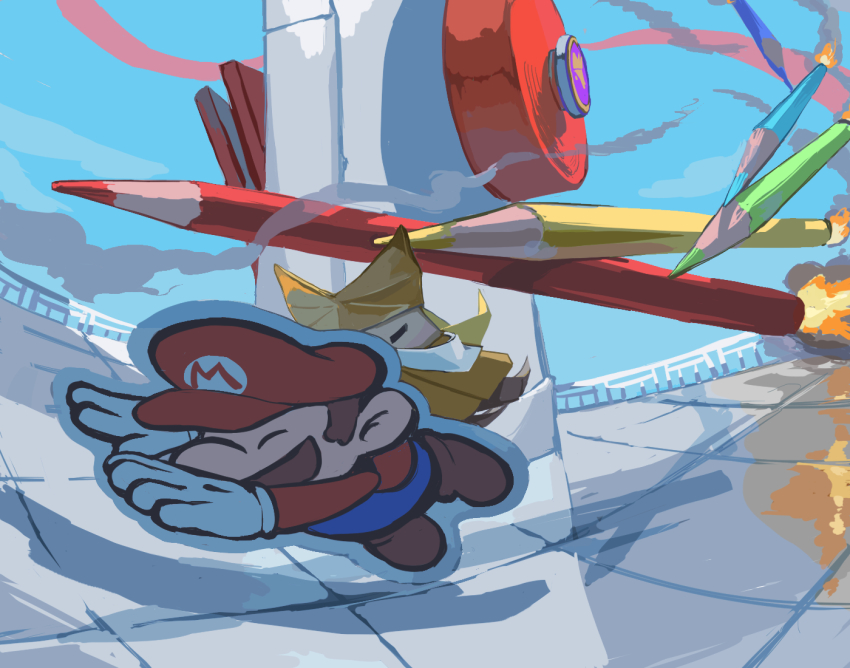 1boy blue_overalls blue_sky brown_footwear brown_hair newsboy_cap closed_eyes cloud colored_pencil colored_pencils_(paper_mario) commentary_request day dodging facial_hair fire full_body gloves hat jumping long_sleeves mario mario_(series) mustache nintendo olivia_(paper_mario) origami outdoors overalls oversized_object paper paper_mario paper_mario:_the_origami_king pencil railing red_hat red_shirt rinabee_(rinabele0120) rooftop shadow shirt shoes short_hair sky tile_floor tiles white_gloves