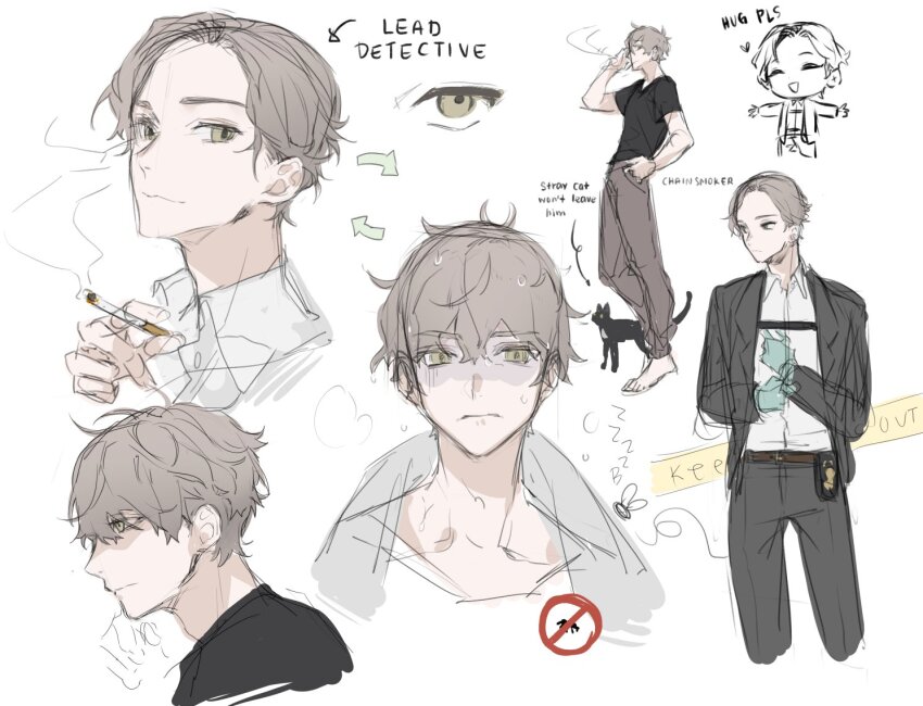 1boy :3 arrow_(symbol) black_coat black_shirt blonde_hair blue_gloves bug cat cigarette coat cowboy_shot fly gloves green_eyes holding holding_cigarette insect looking_at_viewer multiple_views original shaded_face shirt simple_background sketch_inset smell smoking swept_bangs unbuttoned white_background white_shirt yoimon