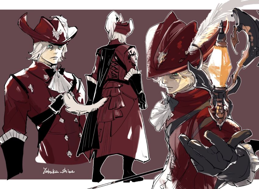 1boy ascot black_gloves elbow_gloves final_fantasy final_fantasy_xiv floating floating_object gloves hat hat_feather looking_at_viewer male_focus multiple_views red_hat red_mage_(final_fantasy) shirt white_ascot x&#039;rhun_tia yabuka_shiwa