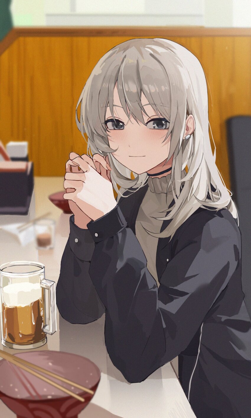 1girl alcohol beer beer_mug black_choker black_jacket blush bowl choker chopsticks commentary cup earclip eimizzzzz girls_band_cry grey_hair grey_sweater hair_between_eyes highres indoors jacket kawaragi_momoka long_hair long_sleeves looking_at_viewer mug multicolored_hair roots_(hair) sitting solo sweater