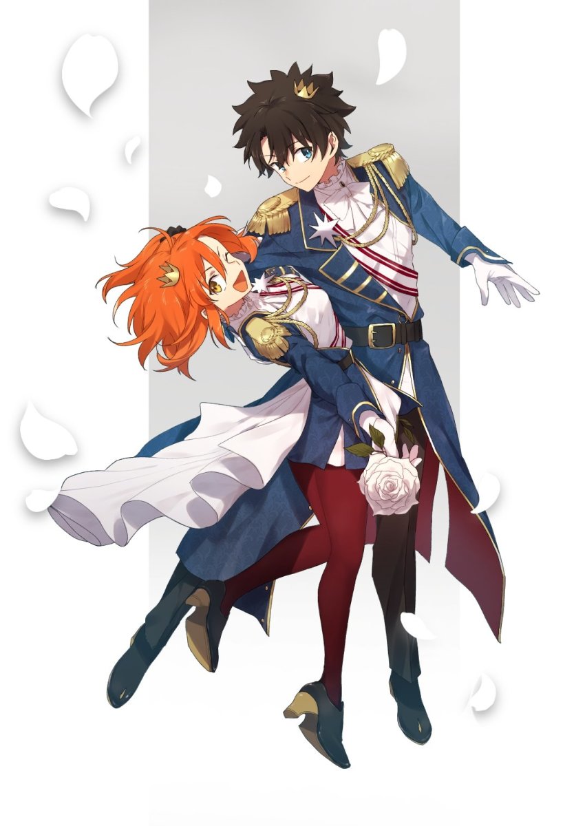 1boy 1girl aiguillette alternate_costume belt belt_buckle black_belt black_footwear black_hair black_pants black_scrunchie blue_eyes blue_jacket bow bowtie buckle closed_eyes commentary crown dancing epaulettes fate/grand_order fate_(series) flower frills fujimaru_ritsuka_(female) fujimaru_ritsuka_(female)_(halloween_royalty) fujimaru_ritsuka_(male) fujimaru_ritsuka_(male)_(halloween_royalty) full_body gloves hair_between_eyes hair_ornament hair_scrunchie highres holding holding_flower jacket kabutomushi_s long_sleeves looking_at_viewer mini_crown official_alternate_costume one_eye_closed open_mouth orange_eyes orange_hair pants pantyhose petals ponytail red_pantyhose rose scrunchie shirt short_hair side_ponytail smile tongue white_bow white_flower white_gloves white_neckwear white_rose white_shirt