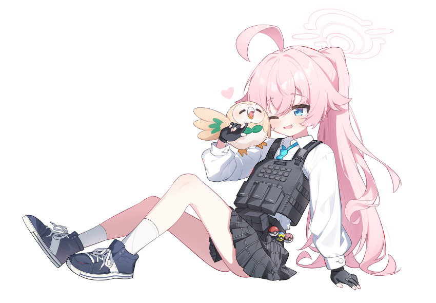 1girl absurdres ahoge bare_legs black_gloves black_skirt blue_archive blue_shoes bulletproof_vest commentary_request exusiai_dust fingerless_gloves gen_7_pokemon gloves halo highres hoshino_(armed)_(blue_archive) hoshino_(blue_archive) legs long_hair miniskirt nintendo one_eye_closed pink_hair plaid_clothes plaid_skirt pleated_skirt poke_ball pokemon pokemon_(creature) ponytail rowlet school_uniform shirt shoes simple_background sitting skirt tactical_school_uniform thighs white_background white_halo white_shirt
