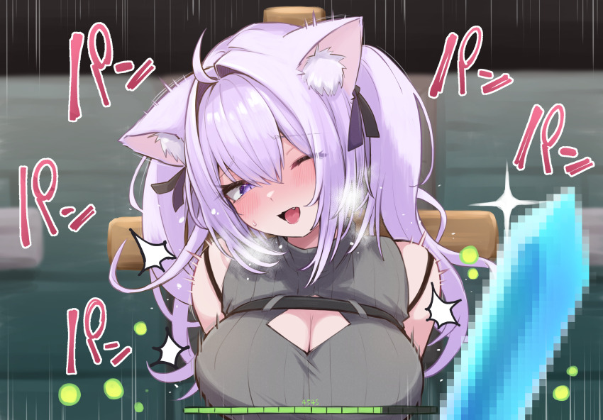 1girl absurdres ahoge animal_ears blush breasts cat_ears censored cleavage cleavage_cutout clothing_cutout experience_orb fang gauge highres hololive large_breasts long_hair masochism minecraft minecraft_sword mosaic_censoring nekomata_okayu nekomata_okayu_(8th_costume) one_eye_closed restrained sweat sword tkc_(user_snjd8547) twintails virtual_youtuber weapon