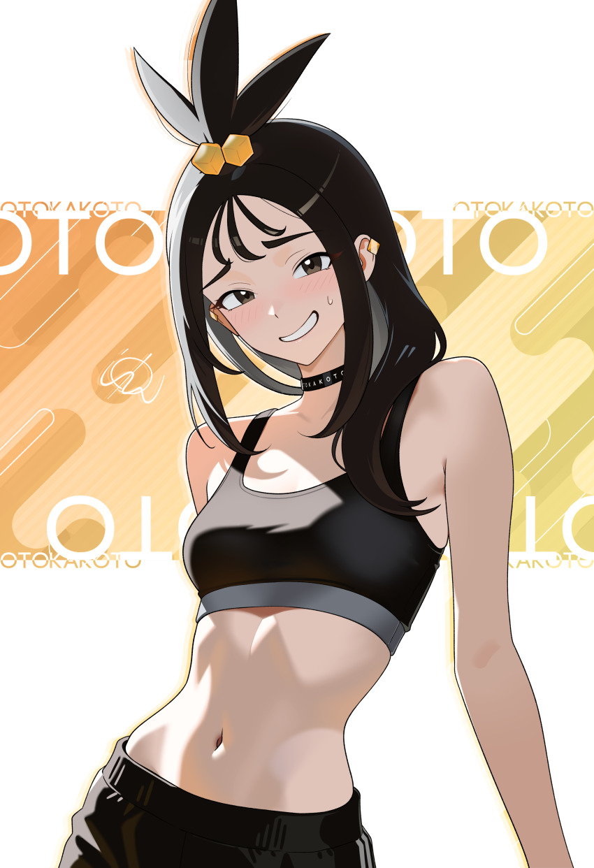 1girl absurdres armpit_crease artist_name black_choker black_pants black_sports_bra breasts choker cube_hair_ornament grey_eyes grin hair_ornament highres lida_(pokemon) navel nintendo otokakoto pants pokemon pokemon_legends:_z-a small_breasts smile solo sports_bra stomach topknot upper_body