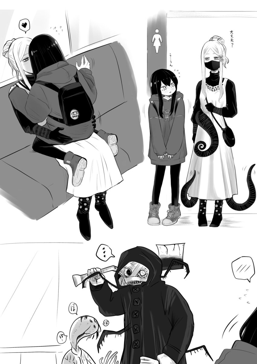 2girls black_hair blush breasts closed_mouth couple ghost highres ichijou_michiru large_breasts long_hair long_sleeves me-gu2 mieruko-chan monochrome multiple_girls open_mouth shirt simple_background skirt standing sweater tentacles white_hair yuri