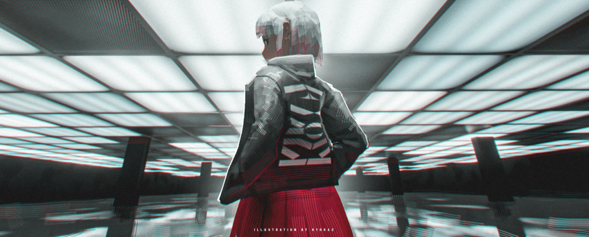 1girl artist_name black_jacket chromatic_aberration commentary cowboy_shot faiz_azhar from_behind hands_in_pockets highres indoors jacket long_sleeves looking_at_viewer looking_back open_clothes open_jacket original red_hair red_skirt short_hair skirt solo white_hair