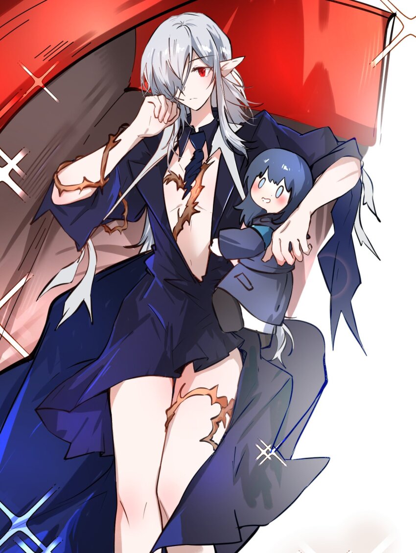 2girls arknights arya_melati black_coat black_pants blue_dress closed_mouth coat commentary detached_collar doctor_(arknights) dress drooling english_commentary expressionless feet_out_of_frame female_doctor_(arknights) full_body gladiia_(arknights) gladiia_(i_am_the_tides)_(arknights) hair_over_one_eye hands_up highres hood hood_down hug long_hair long_sleeves looking_at_viewer mini_person minigirl multiple_girls no_bra official_alternate_costume open_mouth pants pointy_ears red_eyes simple_background smile thorns white_background