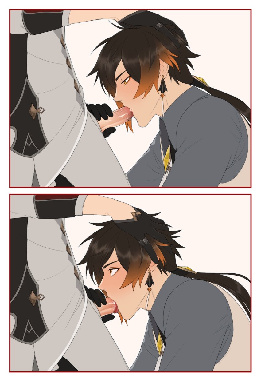 2boys 2koma black_gloves brown_eyes brown_hair collared_shirt comic commentary deepthroat earrings eyeliner fellatio gem genshin_impact gloves gradient_hair hand_on_another&#039;s_head hashtag-only_commentary highres jewelry long_hair looking_at_penis looking_up makeup male_focus multicolored_hair multicolored_shirt multiple_boys open_pants oral pants penis piercing profile red_eyeliner riffraffhellyea saliva shirt solo_focus tartaglia_(genshin_impact) veins veiny_penis white_pants wing_collar yaoi yellow_gemstone zhongli_(genshin_impact)