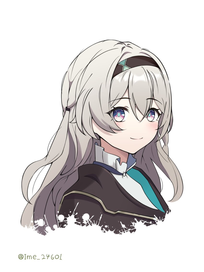 1girl absurdres blush brown_hairband brown_jacket closed_mouth collared_shirt firefly_(honkai:_star_rail) gradient_eyes green_pupils grey_hair hair_between_eyes hair_intakes hair_tubes hairband highres honkai:_star_rail honkai_(series) ime_26710 jacket long_hair multicolored_eyes shirt simple_background smile solo two-tone_eyes upper_body white_background white_shirt