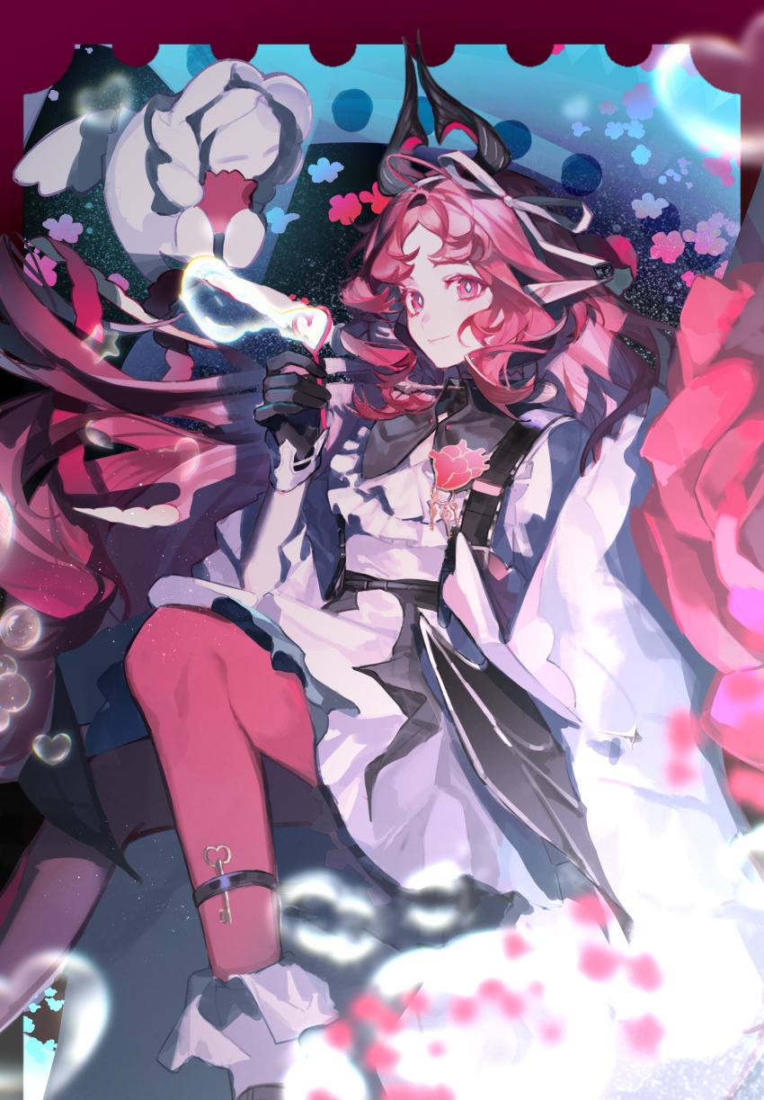 1girl arknights black_gloves chinese_commentary closed_mouth commentary_request diamond-shaped_pupils diamond_(shape) dress gloves highres holding key light_particles long_hair long_sleeves looking_at_viewer nymph_(arknights) nymph_(sweetness_to_the_heart)_(arknights) official_alternate_costume pantyhose pink_eyes pink_hair pink_pantyhose pointy_ears smile soap_bubbles solo star_(symbol) symbol-shaped_pupils tongxi65938_(mo_zuoren) white_dress