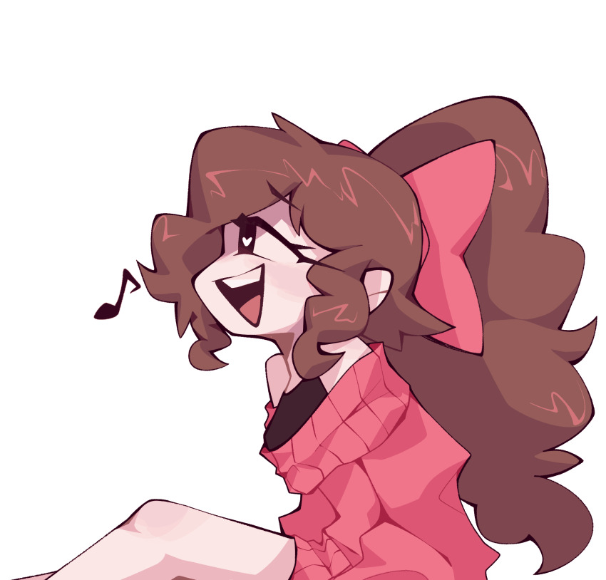 :d alternate_costume alternate_hairstyle animated animated_gif artist_request brown_hair friday_night_funkin&#039; girlfriend_(friday_night_funkin&#039;) heart heart-shaped_pupils highres looking_ahead musical_note note_block_(mario) open_mouth red_ribbon ribbon smile symbol-shaped_pupils white_background