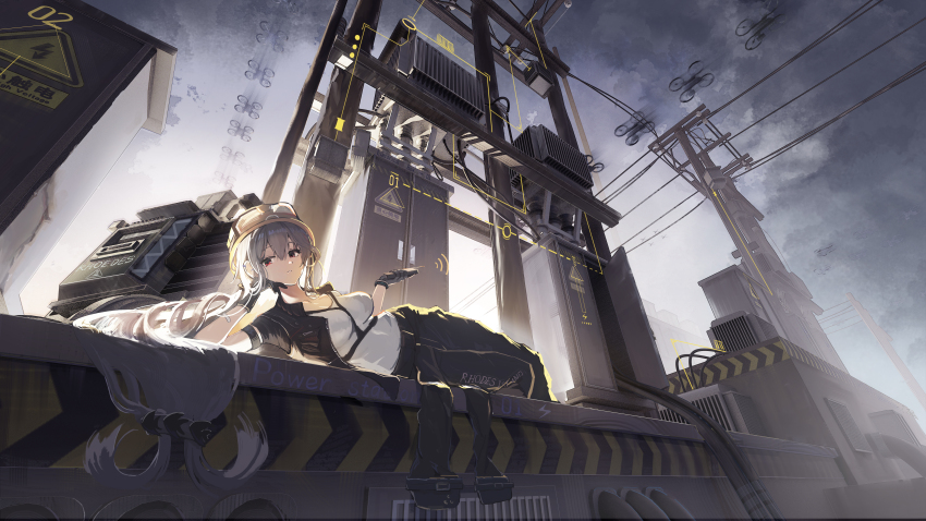 1girl absurdres alternate_costume angelfish arknights arm_support black_gloves black_pants black_vest breasts cable chest_strap chinese_text cloud cloudy_sky collarbone drone english_text fish flying_burrito_cat from_below generator gloves grey_sky hat high_voltage_symbol highres holding hologram jacket large_breasts long_hair looking_at_viewer low-tied_long_hair lying open_clothes open_jacket pants parted_lips power_lines power_symbol red_eyes rhodes_island_logo_(arknights) shirt sign signal_bar skadi_(arknights) sky strap utility_pole very_long_hair vest warning_sign white_hair white_shirt