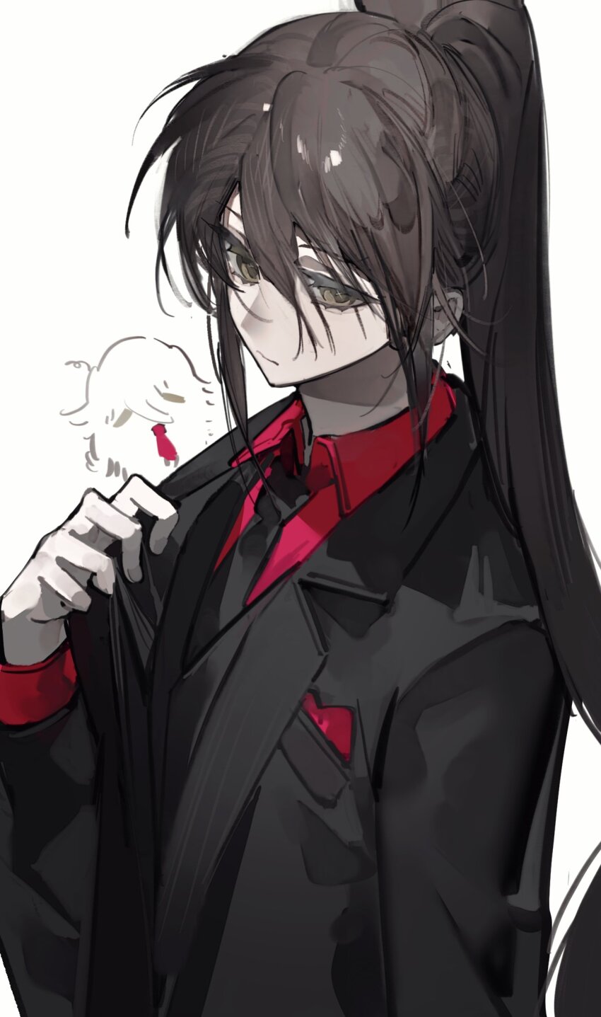 1boy black_necktie black_suit brown_hair closed_mouth collared_shirt expressionless formal_clothes hair_between_eyes highres jyu_viole_grace long_hair looking_at_viewer male_focus necktie original ponytail red_shirt shadow shirt solo suit tower_of_god twenty-fifth_bam white_background yellow_eyes yukii_masako