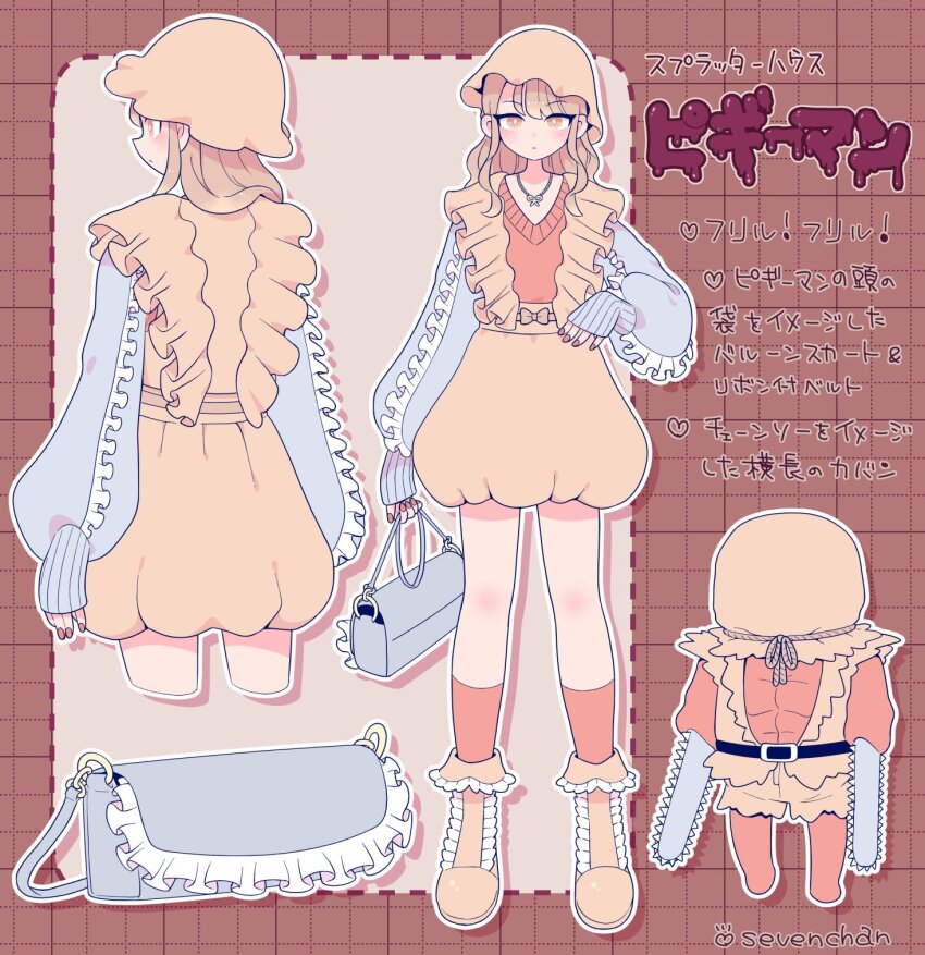 1boy 1girl abs amputee artist_name bag bag_over_head biggy_man biggy_man_(cosplay) blue_bag blue_sleeves boots bow brown_boots brown_bow brown_hair brown_hat brown_shirt brown_skirt bubble_skirt chainsaw character_name closed_mouth colored_skin commentary copyright_name cosplay double_amputee frilled_bag frilled_boots frilled_hat frilled_suspenders frills front_and_back full_body grid_background hair_over_shoulder hat heart highres holding holding_bag jewelry long_hair long_sleeves looking_at_viewer multiple_views muscular muscular_male nail_polish necklace o-ring orange_eyes red_nails red_skin red_socks red_sweater shira_neri shirt shorts sidelocks skirt sleeves_past_wrists socks splatterhouse standing suspenders sweater torn_clothes torn_shirt torn_shorts translated wavy_hair