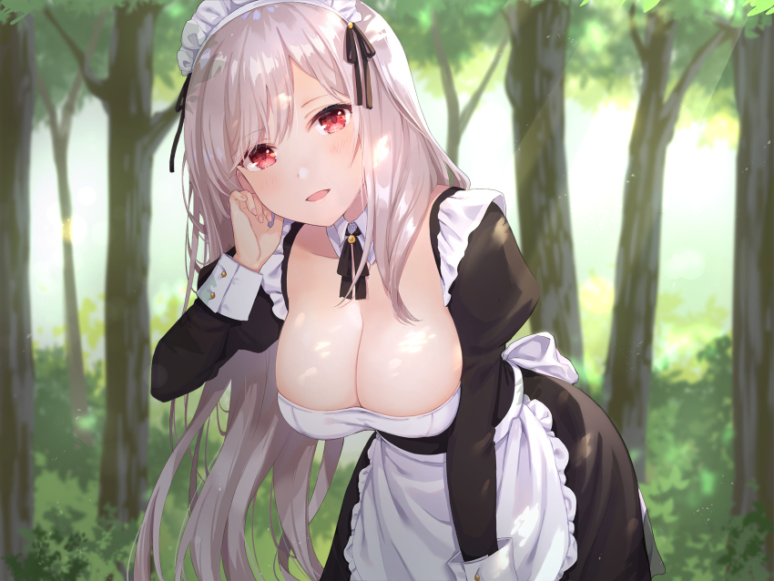 1girl :d apron black_dress black_ribbon blush breasts cleavage detached_collar dress frills hair_ribbon highres kon_(k0n16) large_breasts leaning_forward long_hair long_sleeves looking_at_viewer maid maid_apron maid_headdress neck_ribbon non-web_source open_mouth original outdoors puffy_sleeves red_eyes ribbon silver_hair skindentation smile solo swept_bangs waist_apron white_apron wrist_cuffs