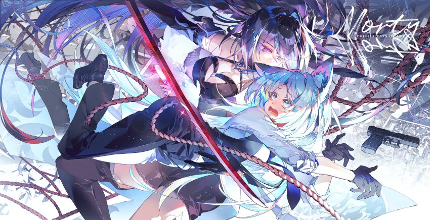 2girls acheron_(honkai:_star_rail) animal_ear_fluff animal_ears arm_up armpits arms_up bare_shoulders black_boots black_gloves black_pants black_shoes black_shorts black_vest blue_eyes blue_hair blush boots breasts carrying carrying_person cleavage commission couple crying crying_with_eyes_open elbow_gloves floating floating_hair from_side gloves gun hair_between_eyes hair_floating_upwards hair_intakes hair_over_one_eye highres honkai:_star_rail honkai_(series) large_breasts leaning_forward leaning_to_the_side long_hair long_sleeves looking_at_another looking_down looking_to_the_side looking_up multicolored_hair multiple_girls oc_x_canon occacia open_mouth original outdoors pants purple_eyes purple_hair rope scared shade shoes short_shorts shorts signature sleeves_rolled_up surprised tail tearing_up tears thigh_boots thighs vest weapon wide-eyed yuri