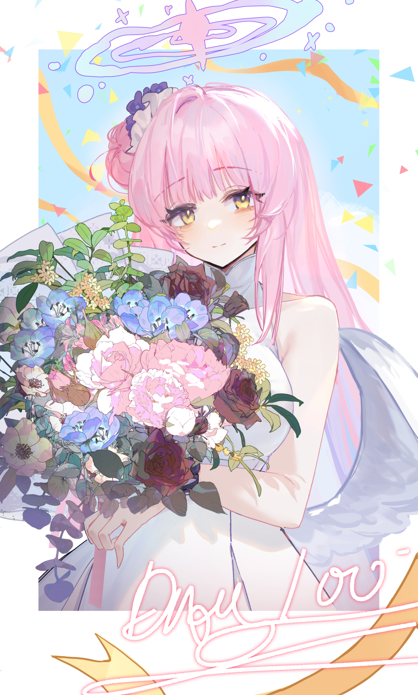 1girl absurdres bare_arms bare_shoulders blue_archive blue_flower blush bouquet closed_mouth dress feathered_wings flower hair_bun hair_flower hair_ornament hair_scrunchie highres holding holding_bouquet long_hair looking_at_viewer mika_(blue_archive) pink_flower pink_hair purple_flower red_flower reiami scrunchie sidelocks single_side_bun sleeveless sleeveless_dress smile solo white_dress white_scrunchie wings yellow_eyes