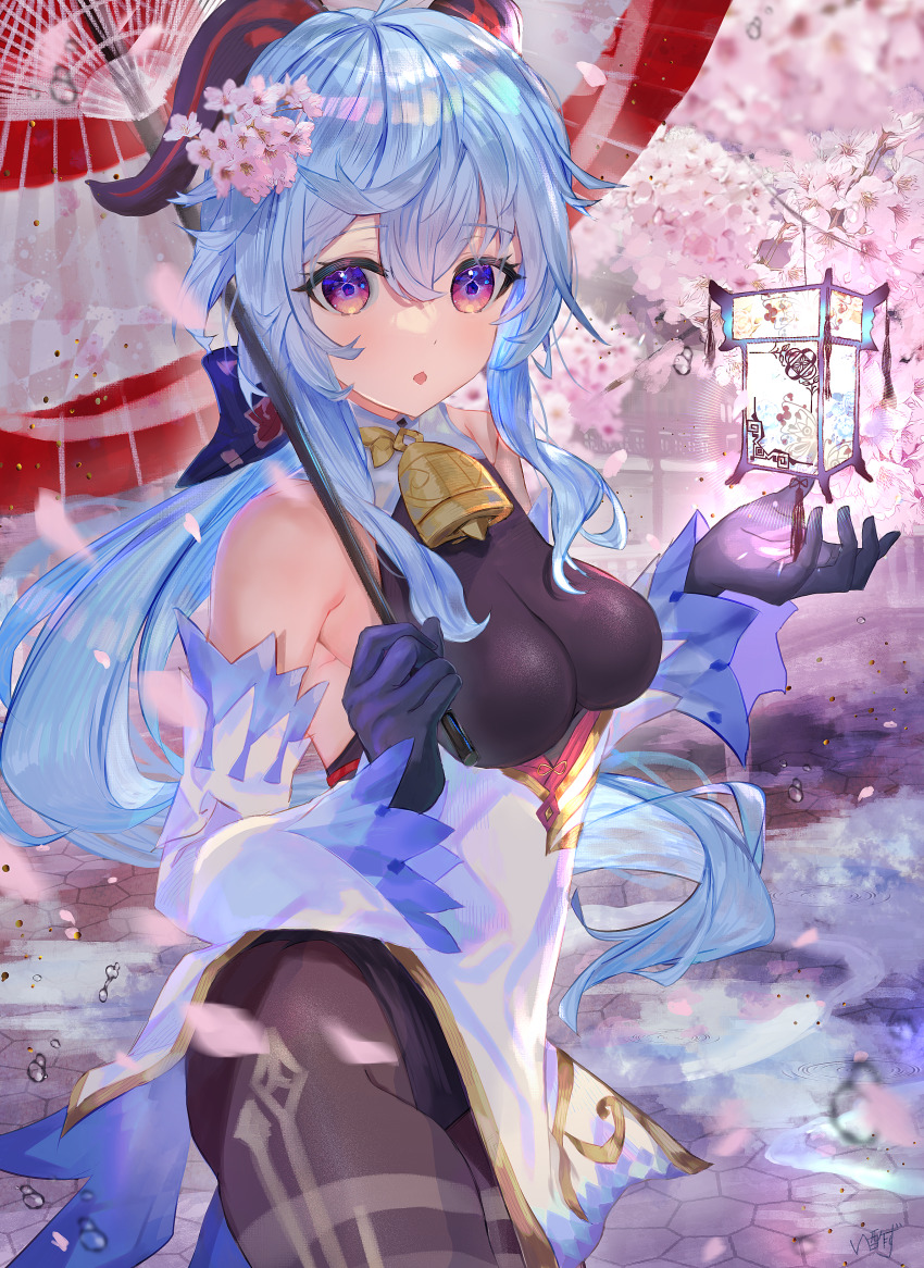 1girl absurdres ahoge bare_shoulders bell black_gloves blue_hair blush bodystocking breasts brown_pantyhose detached_sleeves dress ganyu_(genshin_impact) genshin_impact gloves highres horns isuzu_(an_icy_cat) large_breasts long_hair looking_at_viewer pantyhose purple_eyes thighs white_dress