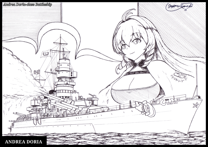 1girl andrea_doria_(azur_lane) andrea_doria_(battleship) antenna_hair azur_lane battleship breasts cape character_name cleavage commentary drill_hair drill_sidelocks emblem english_commentary graphite_(medium) greyscale hatching_(texture) highres large_breasts long_hair military_vehicle millipen_(medium) monochrome name_connection object_namesake ocean pen_(medium) personification ship sidelocks signature the_general traditional_media vehicle_and_personification warship watercraft white_cape