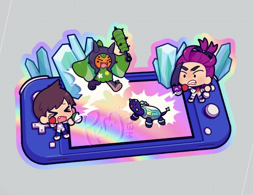 &gt;_&lt; 2boys black_eyes black_hair blue_pants brown_hair clenched_teeth closed_eyes commentary crystal fang florian_(pokemon) friend_ball highres holding jacket kieran_(pokemon) male_focus master_ball multicolored_hair multiple_boys nintendo nintendo_switch ogerpon open_clothes open_jacket open_mouth pants poke_ball pokemon pokemon_(creature) pokemon_sv purple_hair shirt shoes short_hair shorts socks submashell teeth terapagos two-tone_hair watermark white_footwear white_jacket white_shorts