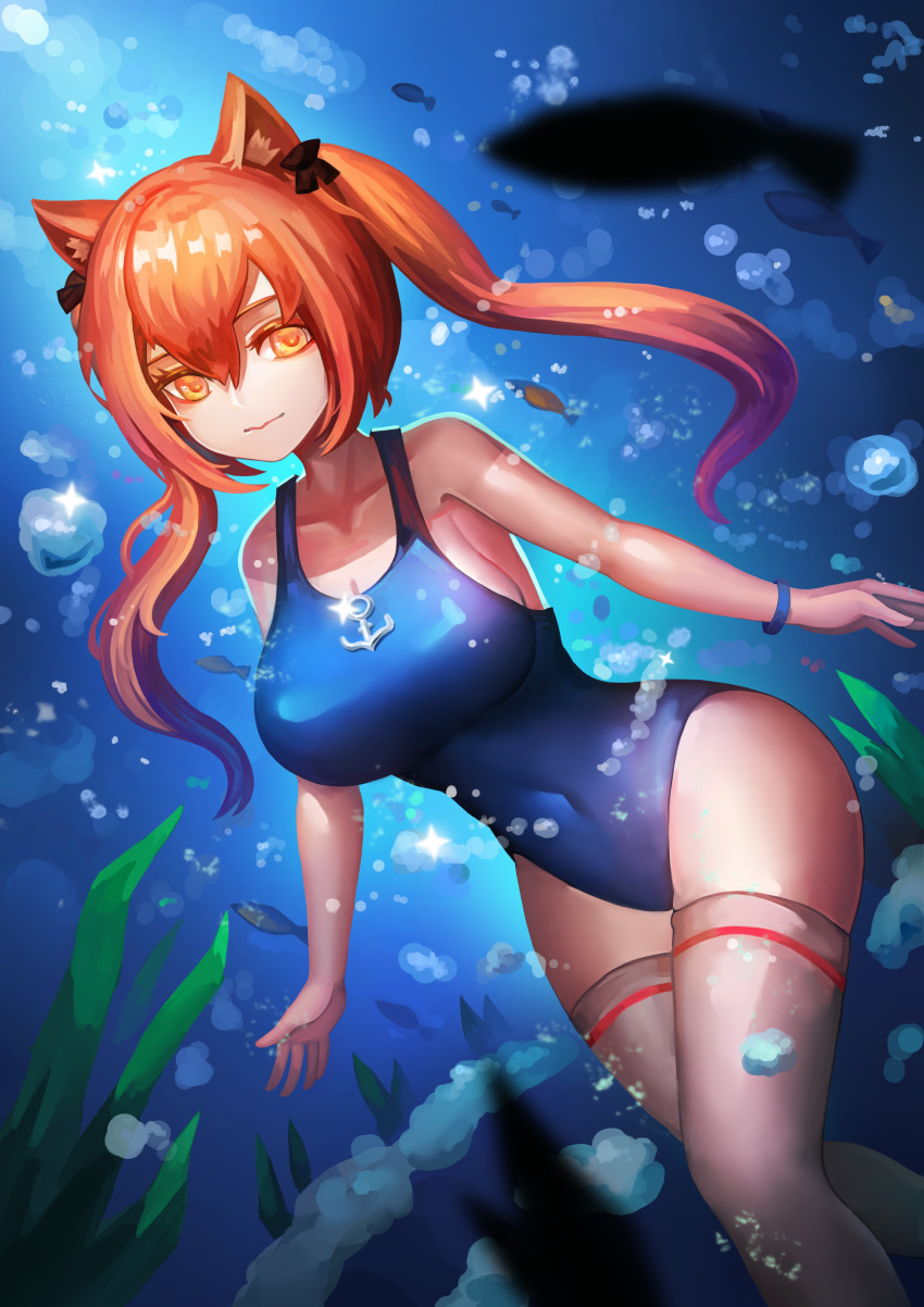 1girl absurdres alternate_breast_size animal_ear_fluff animal_ears azur_lane bare_shoulders breasts bubble closed_mouth collarbone commentary covered_navel eyelashes eyeshadow fish hair_between_eyes hair_ornament hair_ribbon highres i-19_(azur_lane) kelp large_breasts makeup official_alternate_costume orange_eyes orange_hair plant ribbon school_swimsuit shadow sidelocks solo sparkle submarine swimsuit thighhighs thighs twintails underwater watercraft wavy_mouth wristband ziteng_yue