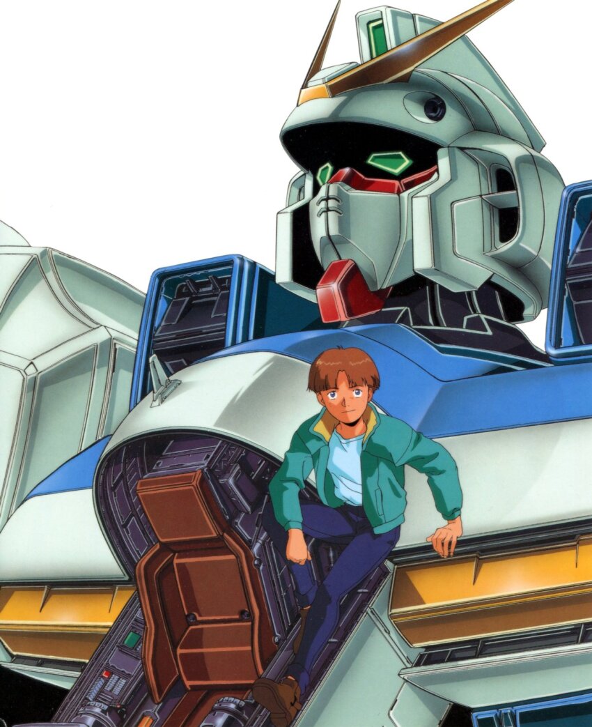 1990s_(style) 1boy blue_eyes blue_pants brown_hair brown_shoes closed_mouth commentary_request green_eyes green_jacket gundam highres jacket long_sleeves looking_at_viewer male_focus mecha mobile_suit official_art open_clothes open_cockpit open_jacket ousaka_hiroshi pants retro_artstyle robot scan science_fiction shirt shoes short_hair simple_background third-party_source traditional_media uso_ewin v-fin v_gundam victory_gundam white_background white_shirt