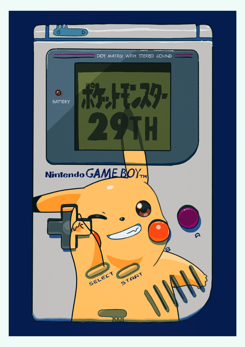 absurdres anniversary arm_up blue_background border brown_eyes game_boy game_console gen_1_pokemon grin handheld_game_console hashtag-only_commentary highres index_finger_raised nintendo no_humans one_eye_closed pikachu pokemon pokemon_(creature) pokemon_day pokemon_rgby saiku_(zvlku) smile teeth upper_body white_border