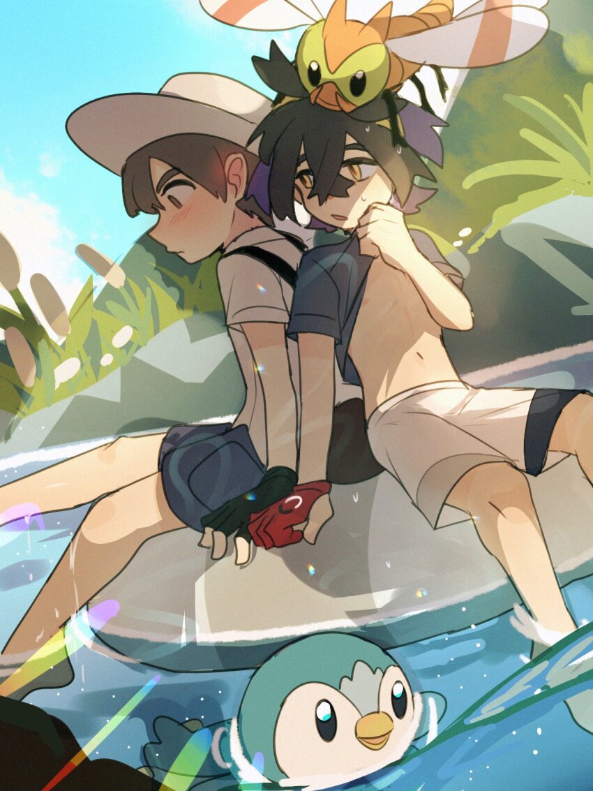 2boys afloat barefoot black_hair clothes_lift commentary_request crossed_bangs day florian_(pokemon) gen_2_pokemon gen_4_pokemon gloves hair_between_eyes hairband hat highres innertube kieran_(pokemon) knees lifting_own_clothes male_focus multiple_boys nintendo outdoors partially_fingerless_gloves piplup pokemon pokemon_(creature) pokemon_sv red_gloves shirt_lift short_hair shorts single_glove sitting sky suikaels swim_ring white_shorts yanma yaoi yellow_eyes yellow_hairband