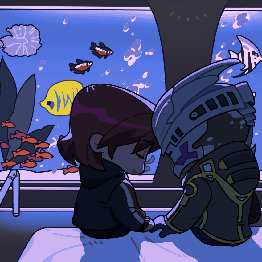 1boy 1girl chibi closed_eyes commander_shepard commander_shepard_(female) fish fish_tank forehead-to-forehead garrus_vakarian heads_together highres holding_hands mass_effect_(series) mass_effect_2 official_alternate_costume shadow ssv-akinarii tumblr turian
