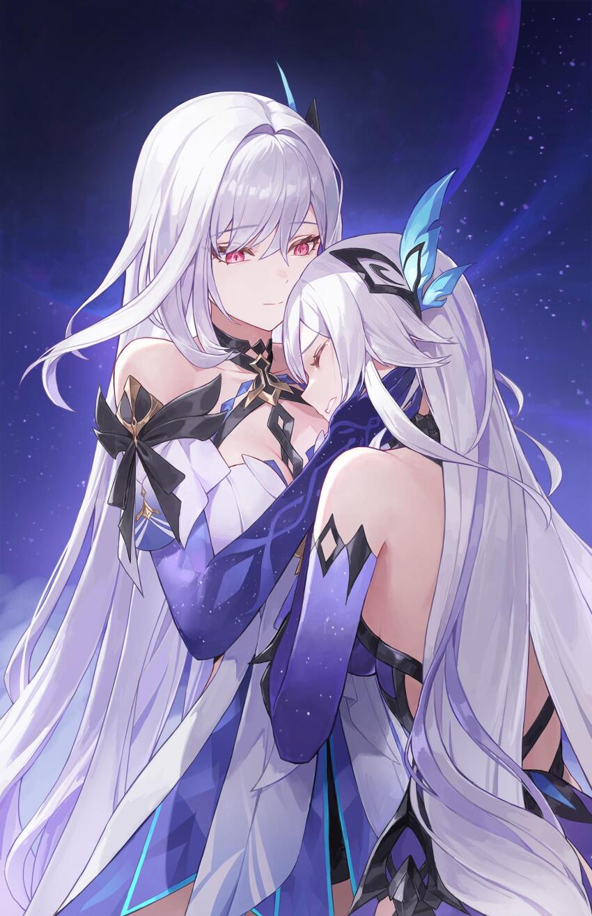 2girls absurdres backless_dress backless_outfit bare_shoulders closed_mouth cotta_(heleif) dress genshin_impact grey_hair highres long_hair multiple_girls parted_lips pink_eyes second-party_source skirk_(genshin_impact) smile star_(sky) starry_sky_background very_long_hair white_dress