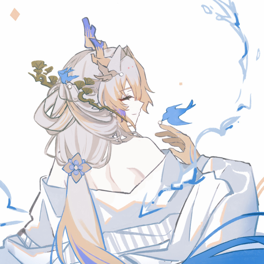 1girl ambience_synesthesia animal arknights bare_shoulders bird blonde_hair blue_bird blue_hair chinese_commentary closed_eyes closed_mouth colored_extremities commentary_request dragon_girl dragon_horns dress from_behind grey_hair hair_ornament hair_stick hairpin highres horns light_smile long_hair long_sleeves multicolored_hair off_shoulder official_alternate_costume profile purple_hair shang_ge_promax shu_(arknights) shu_(bingwenyuyou)_(arknights) simple_background solo turning_head white_background white_dress