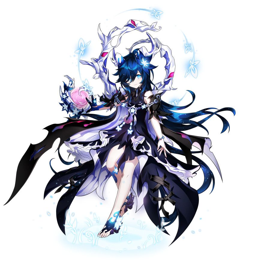 1girl artist_request barefoot_sandals_(jewelry) black_dress black_hair black_sleeves blue_butterfly blue_eyes blue_flower bracelet bug butterfly closed_mouth cross-laced_clothes cross-laced_dress detached_sleeves dress elsword floating_clothes floating_hair flower full_body hair_between_eyes hair_flower hair_ornament highres holding holding_mirror insect jewelry long_dress long_hair looking_at_viewer magic mirror nisha_labyrinth_(elsword) official_art rock second-party_source short_sleeves smile solo tachi-e torn_clothes torn_dress transparent_background very_long_hair